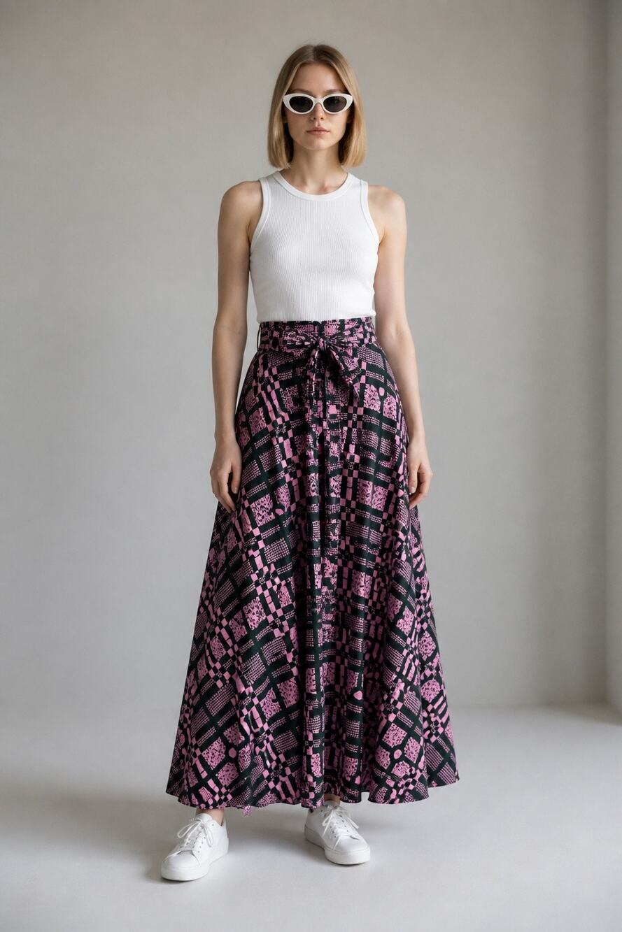 Bright Pink and Green Ankara African Wax Print Pleated Maxi Skirt with Waist Tie